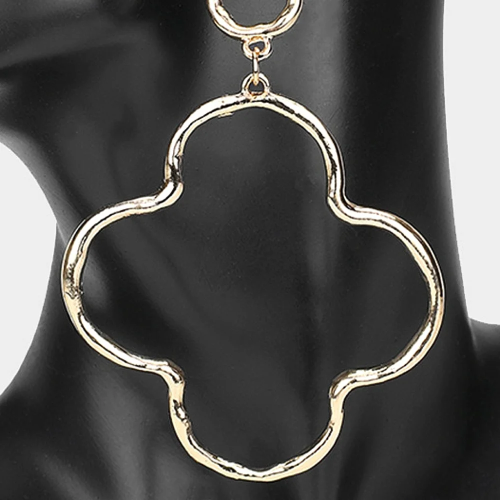 Gold Double Quatrefoil Oversized Drop Dangle Earrings 4.25